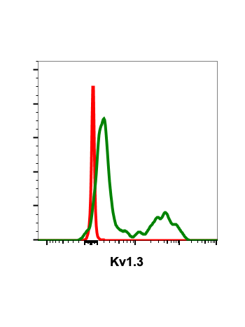 Flow cytometric analysis of HEK293 cells transfected with Kv1.3 (green) or untransfected (red) using Kv1-3-26B-R4-D9 antibody at 1 ug/mL (Cat. #2556). This antibody shows specific binding only to cells transfected with Kv1.3.