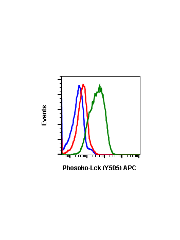 Flow cytometric analysis of Daudi cells secondary antibody only negative control (blue) or untreated (red) or treated with IFNα + IL-4 + pervanadate (green) using Phospho-Lck (Tyr505) antibody LckY505-A3 at 1 µg/mL. Cat. #2301.