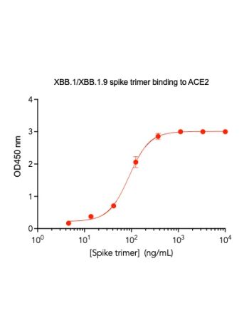 Concentration-response curves for binding of CoV2 spike protein XBB.1 variant to human ACE2 in cell-free ELISA-type assays. Microtiter wells were coated with 100 uL of each spike trimer at 2 ug/mL in PBS at 4˚C overnight. The wells were washed with PBS an